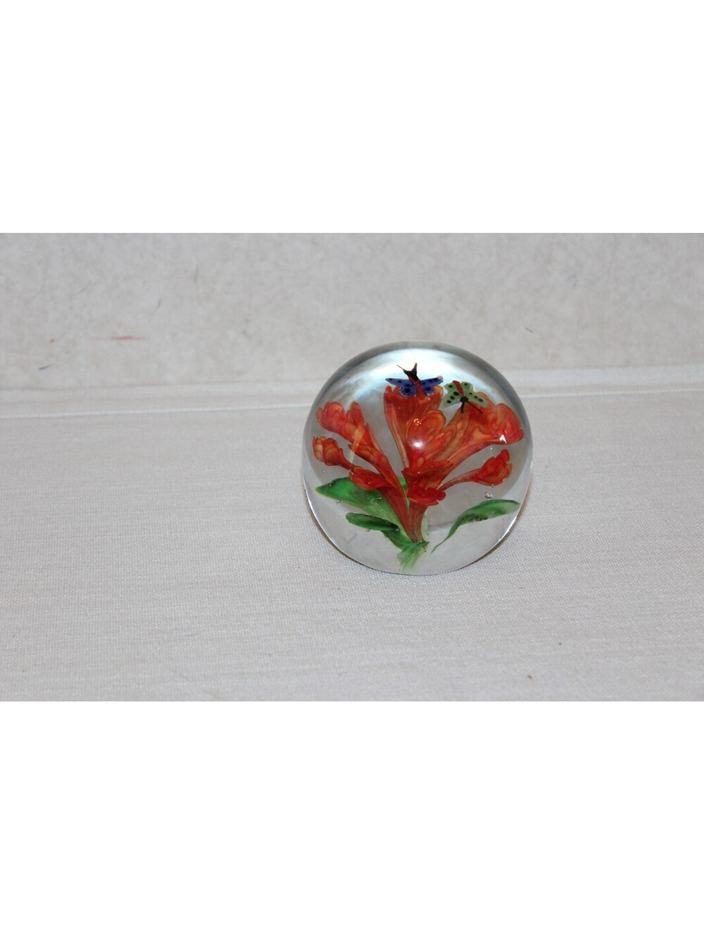 Vintage Art Glass Paperweight Orange Flowers Butterflies Floral Clear Glass